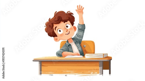 Cheerful cartoon boy raising hand at wooden school desk