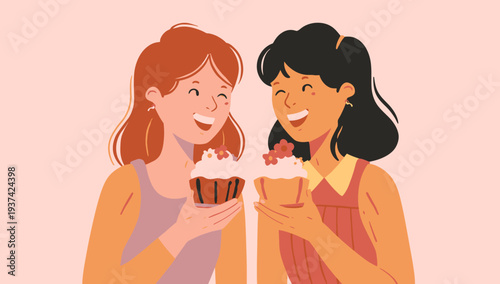 Two women happily sharing and enjoying cupcakes together.