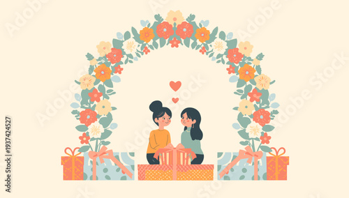 Couple Sharing Gifts Under Floral Archway.