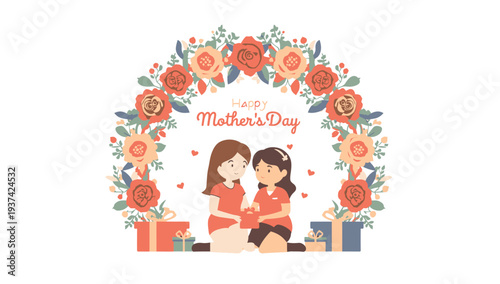 Happy Mother's Day illustration with mother and daughter surrounded by flowers and gifts.