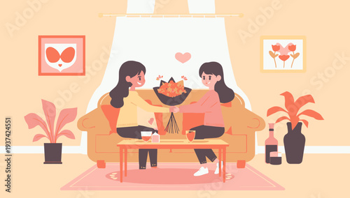 Two women sharing a tender moment on a couch together.