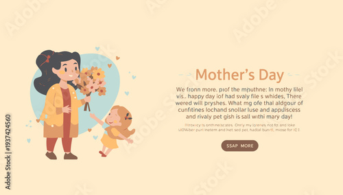Happy Mother's Day greeting card with cartoon mother and child.