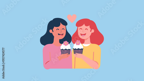 Two women sharing ice cream and friendship on a light blue background.