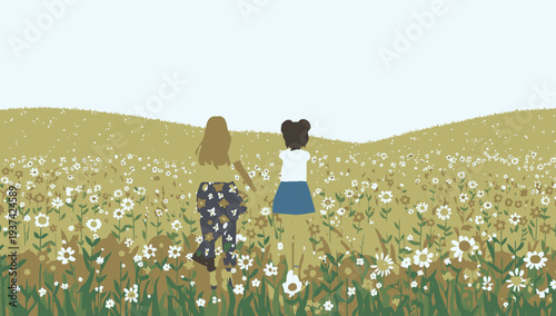 Two women walking together in a serene field of white flowers.