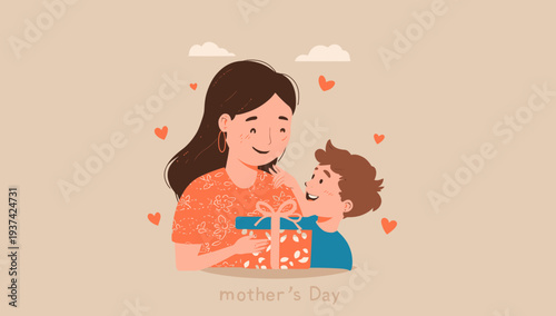 Mother and child celebrating Mother's Day with a gift.