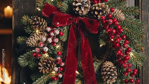 Christmas wreath with red velvet bow, pine cones, red berries, and twinkle lights on a rustic wooden door