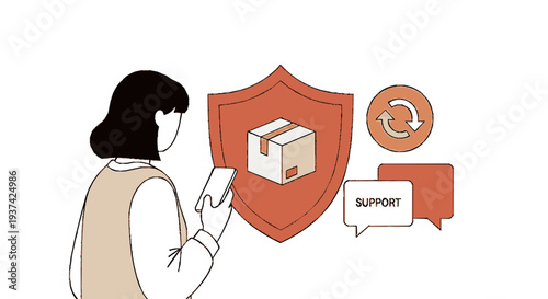 Woman holding smartphone with shield icon protecting package delivery and customer support chat bubble on white background