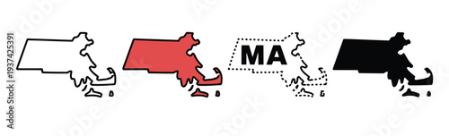 Massachusetts Map Silhouettes in Red, Black, and White Colors