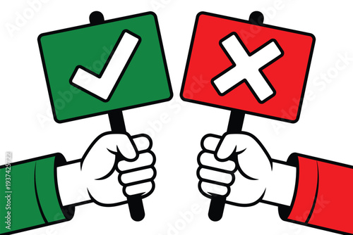 Cartoon hands holding checkmark and cross sign boards, green and red color scheme