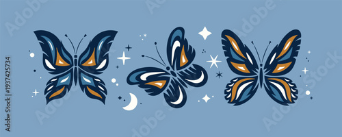 Stylized Bright Butterflies Vector Illustration Set