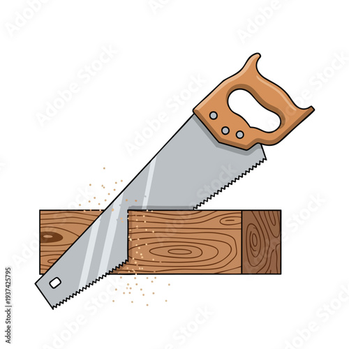 Illustration of Hand Saw Cutting Wooden Plank for Construction and Carpentry Projects