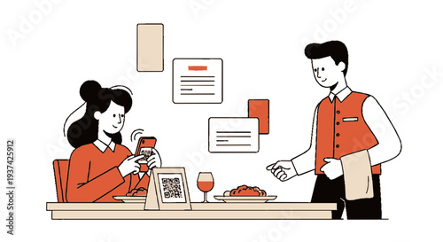 Woman enjoying meal at restaurant while waiter stands nearby modern dining experience digital menu on tablet