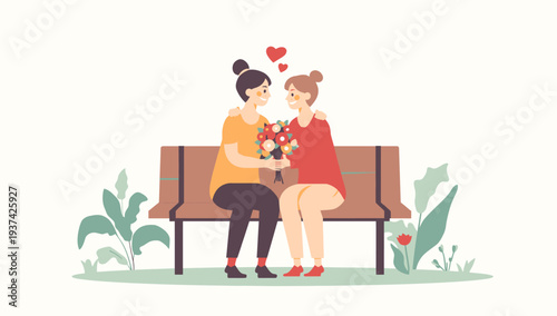 Couple Sitting on Bench with Bouquet of Flowers.