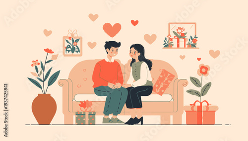 Couple sitting on a couch surrounded by hearts and gifts on Valentine's Day.