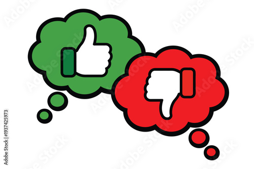 Thumbs up and thumbs down icons in green and red thought bubbles on white background