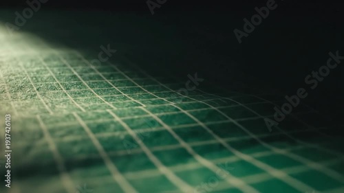 Abstract view of a worn green cutting mat, gridded, with dramatic lighting from the left casting a soft shadow