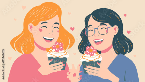 Two happy women enjoying cupcakes together on a romantic occasion.