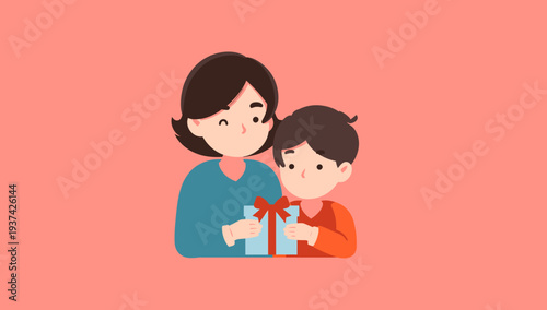 Mother and Child Sharing a Gift on a Pink Background.