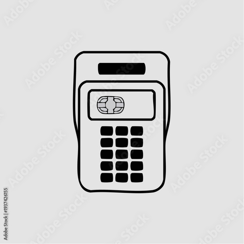 Simple line drawing of a payment terminal with keypad and card reader