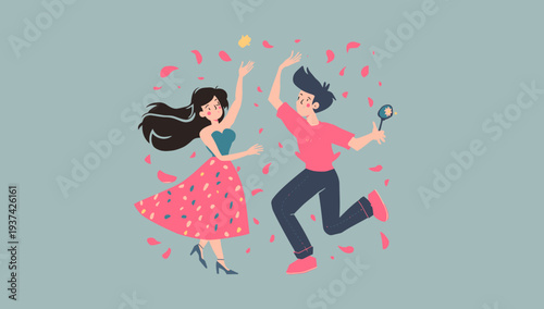 Happy young couple dancing together with joy and celebration.