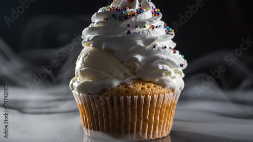 A cupcake, topped with cream and sprinkles, stands out against a smokey background