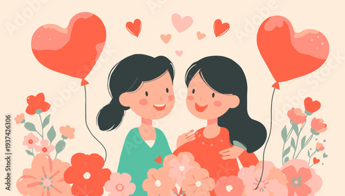 Illustration of two women embracing surrounded by flowers and heart balloons.