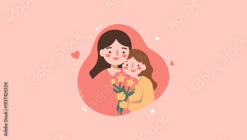 Mother and daughter sharing a loving moment with flowers.