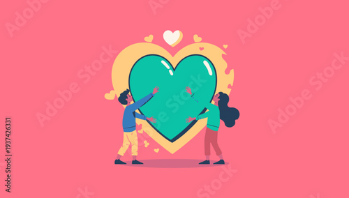 Illustration of two people holding a large heart together symbolizing love and unity.
