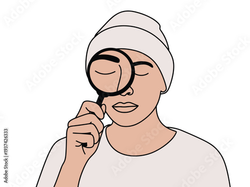 Woman Examining Face with Magnifying Glass, Skincare and Beauty Concept
