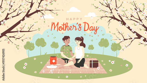 Happy Mother's Day illustration of mother and child in a park.