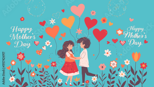 Happy Mother's Day illustration with couple and hearts in floral landscape.