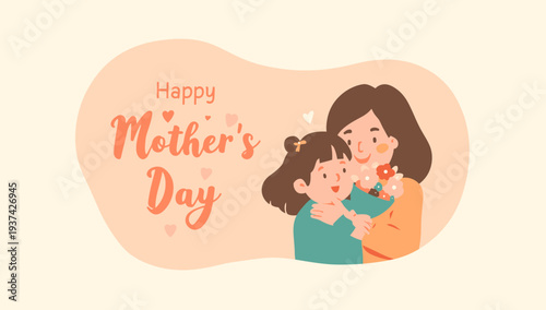 Happy Mother's Day illustration of mother and daughter embracing.