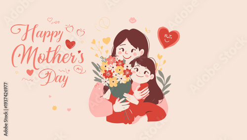 Happy Mother's Day illustration of mother and daughter with flowers.