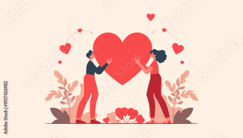 Two women holding a large red heart surrounded by smaller hearts and flowers.