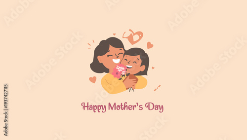 Happy Mother's Day illustration of mother and daughter hugging with love.