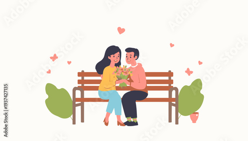 Couple Sitting Together on a Bench with Flowers.