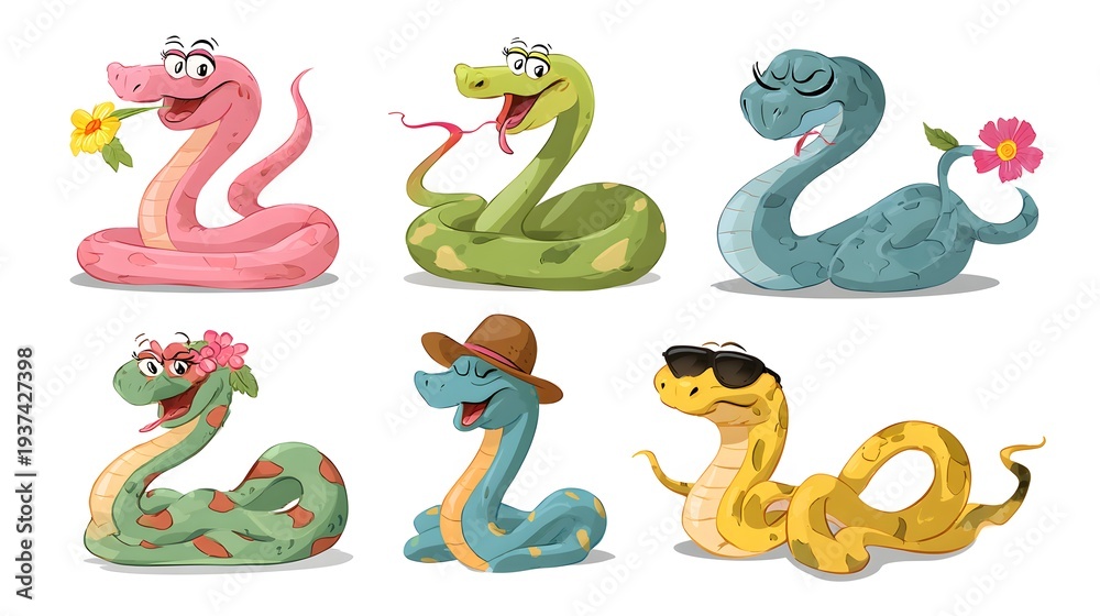 Obraz premium Set of six cute cartoon snakes with different expressions and accessories, isolated on a white background, perfect for childrens designs.