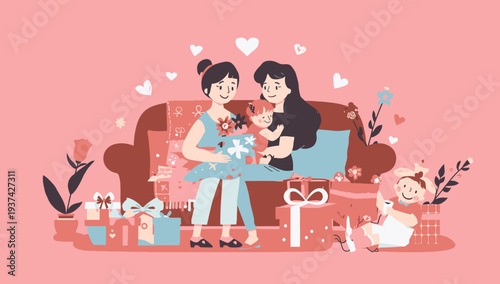 Happy Family Celebrating with Gifts and Love.