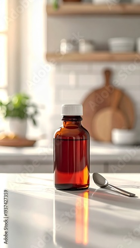 Medicine bottle with spoon on a kitchen counter.