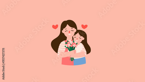 Mother and daughter hugging with love and affection on a pink background.
