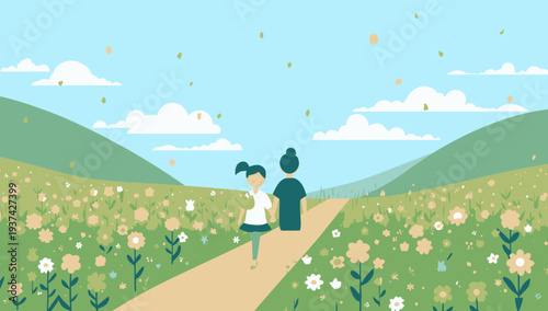 Couple Walking Hand in Hand Through a Field of Flowers.