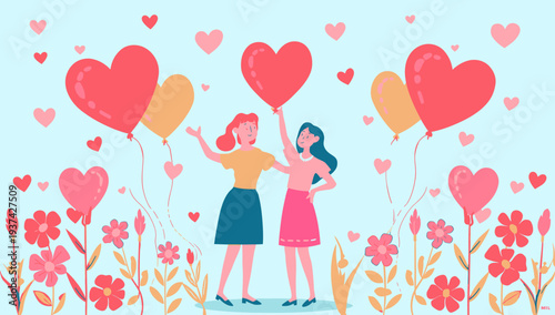 Two women celebrating love with heart-shaped balloons in a floral field.