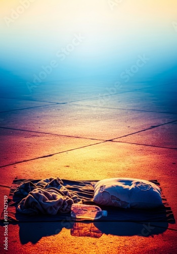Intense summer sun beating down on meager belongings and bedding laid out on hot city pavement during extreme dangerous weather conditions, dehydration, intense light, urban