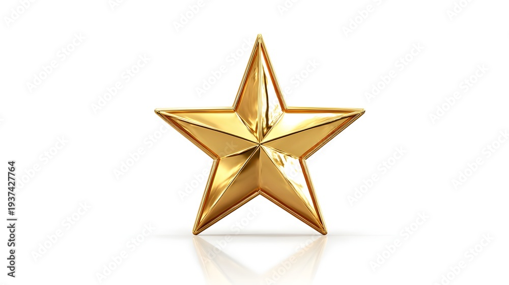 Obraz premium Shiny Golden Star Symbol with Reflection on White Background.