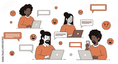 Diverse group of people working on laptops surrounded by speech bubbles and emoticons in a flat design illustration