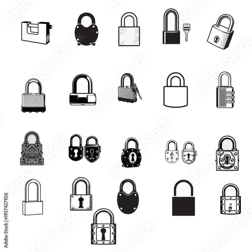 Vintage and Modern Padlock Icon Bundle - Vector Collection of Security Locks for Safety, Privacy, and Cyber Protection Design
