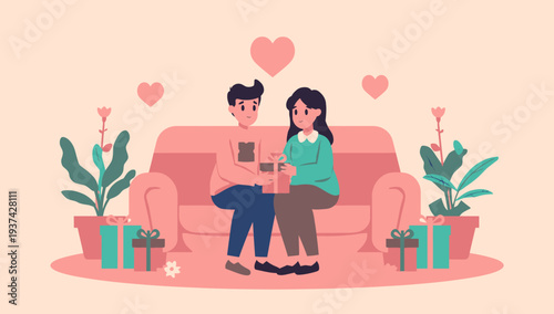 Couple sitting together on a sofa surrounded by hearts and gifts.