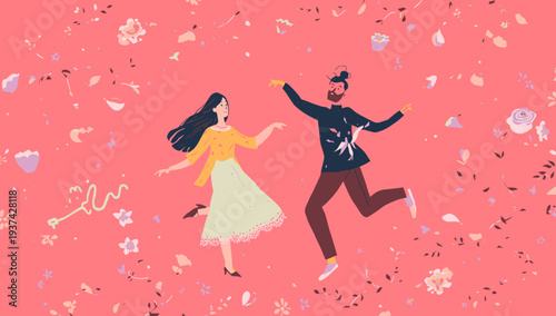 Happy Couple Running Together with Confetti.