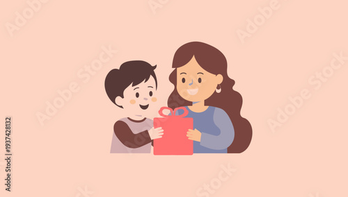 Mother and son happily exchanging a gift together.