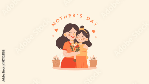 Happy Mother's Day Illustration of Mother and Daughter.
